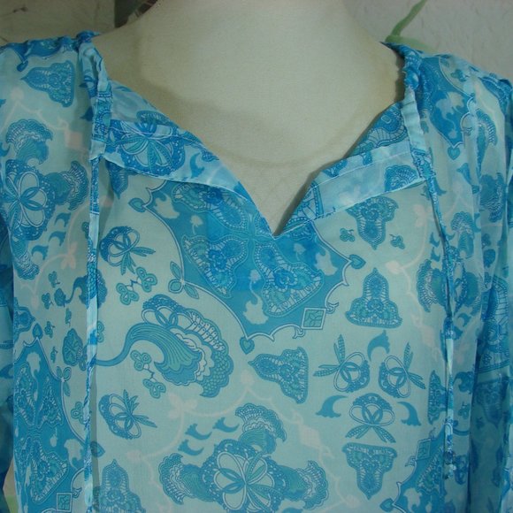 Sheer Blue Tones Open Long Sleeve Boho Mehndi Style Floral Side Slit Cover Up - Picture 2 of 16